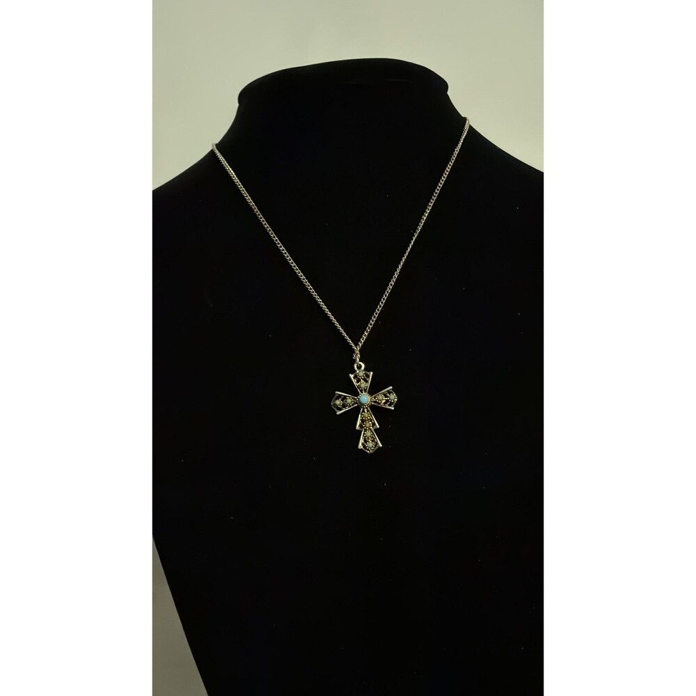 Vintage Ornate Gold-Tone Filigree Cross Necklace with Turquoise-Style Accents